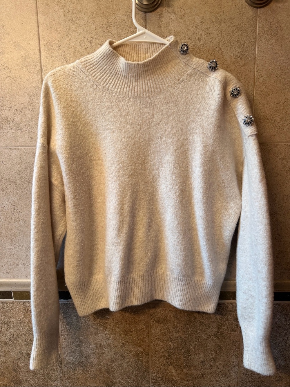 H&M Cream Mock Neck Sweater with Decorative Shoulder Buttons